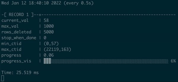 Animated demo for batched DELETEs executed in psql, with a progress bar