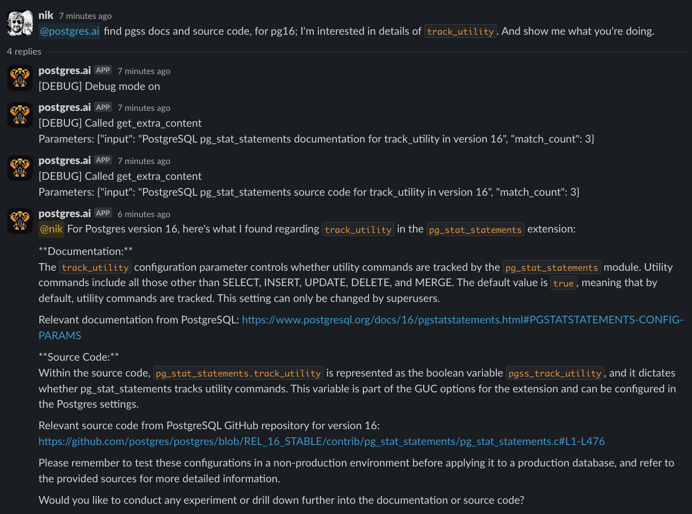 Postgres.AI bot example 1