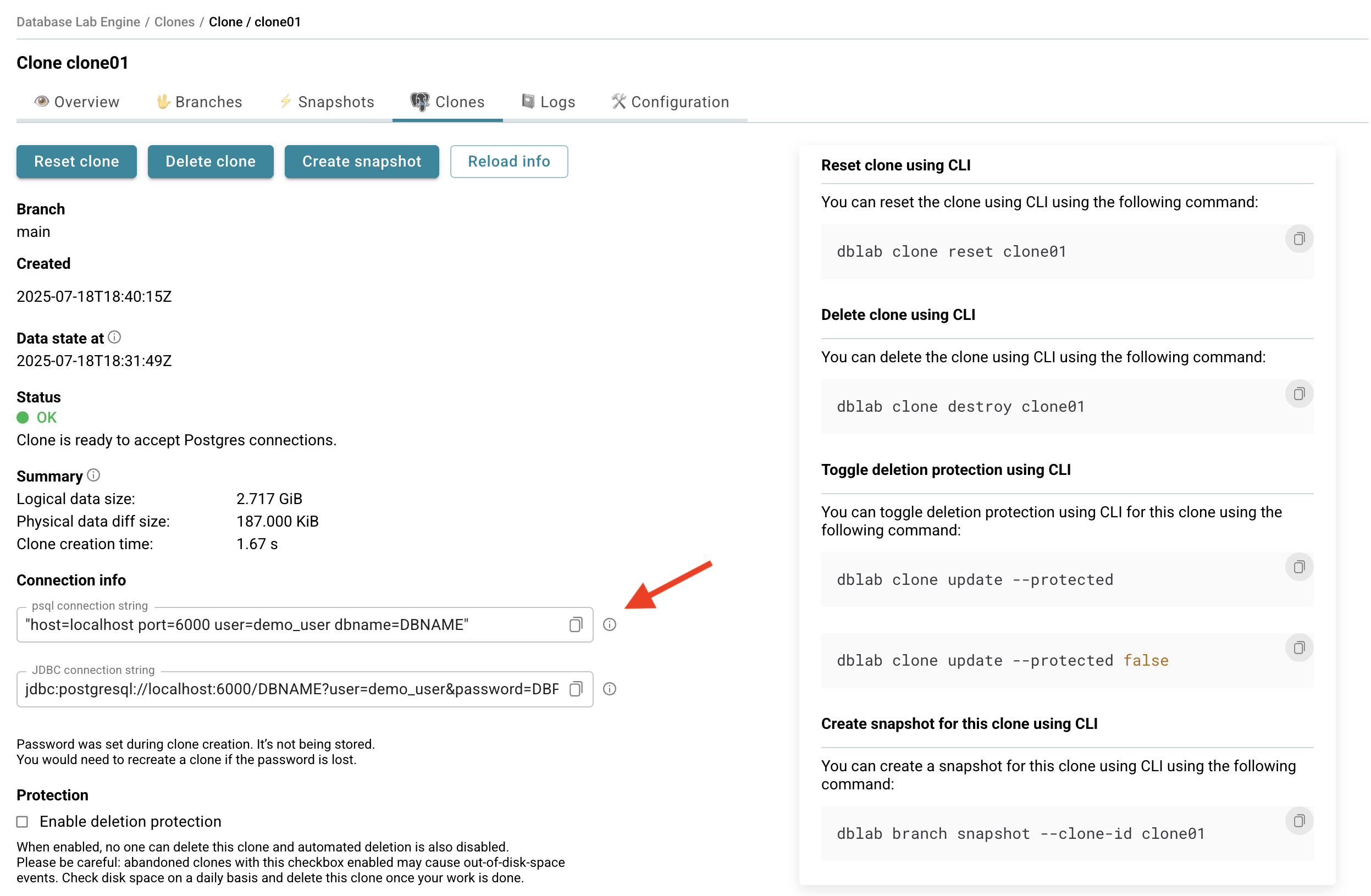 DBLab clone page / psql connection string