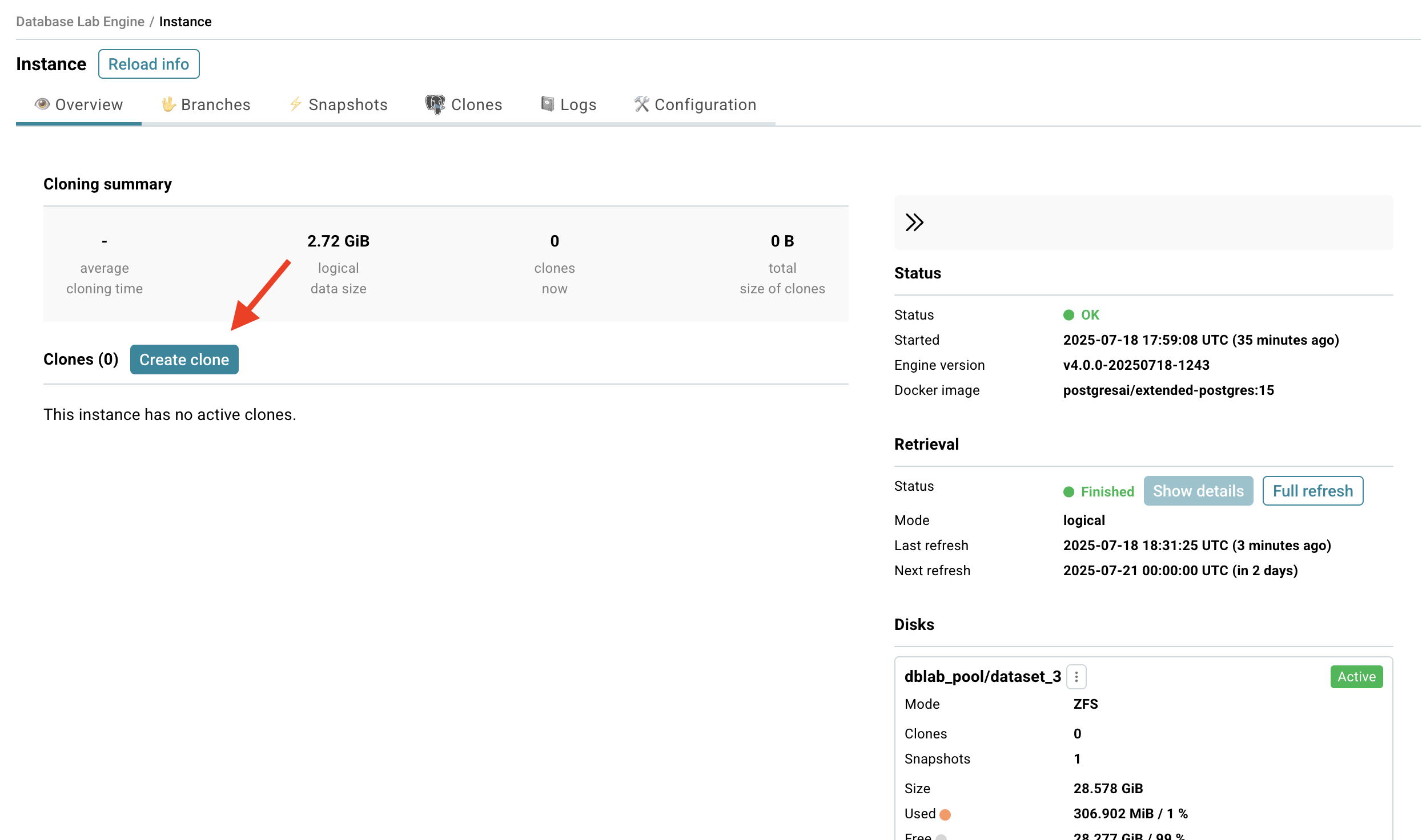 DBLab engine clone creation page