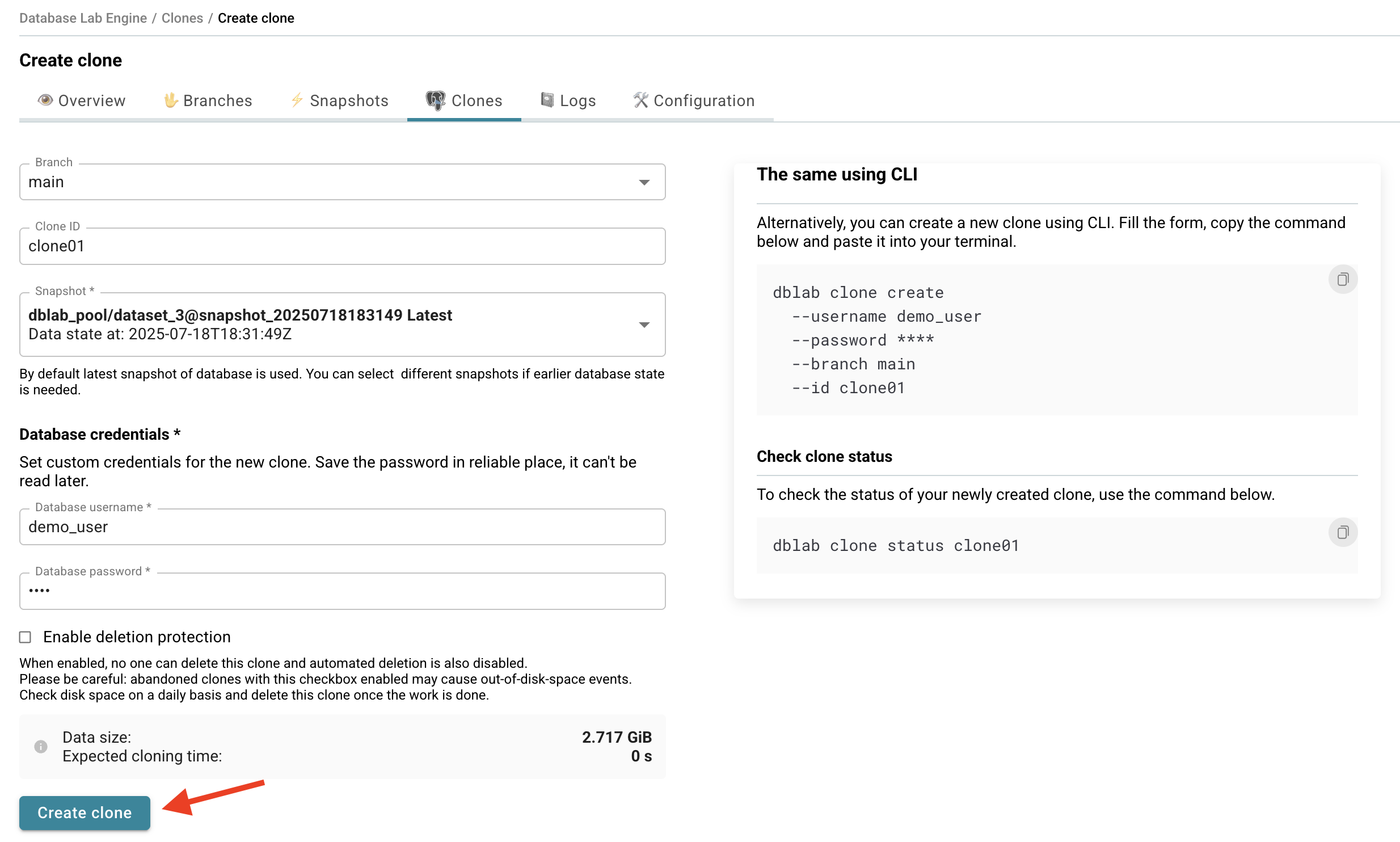 DBLab engine clone creation page