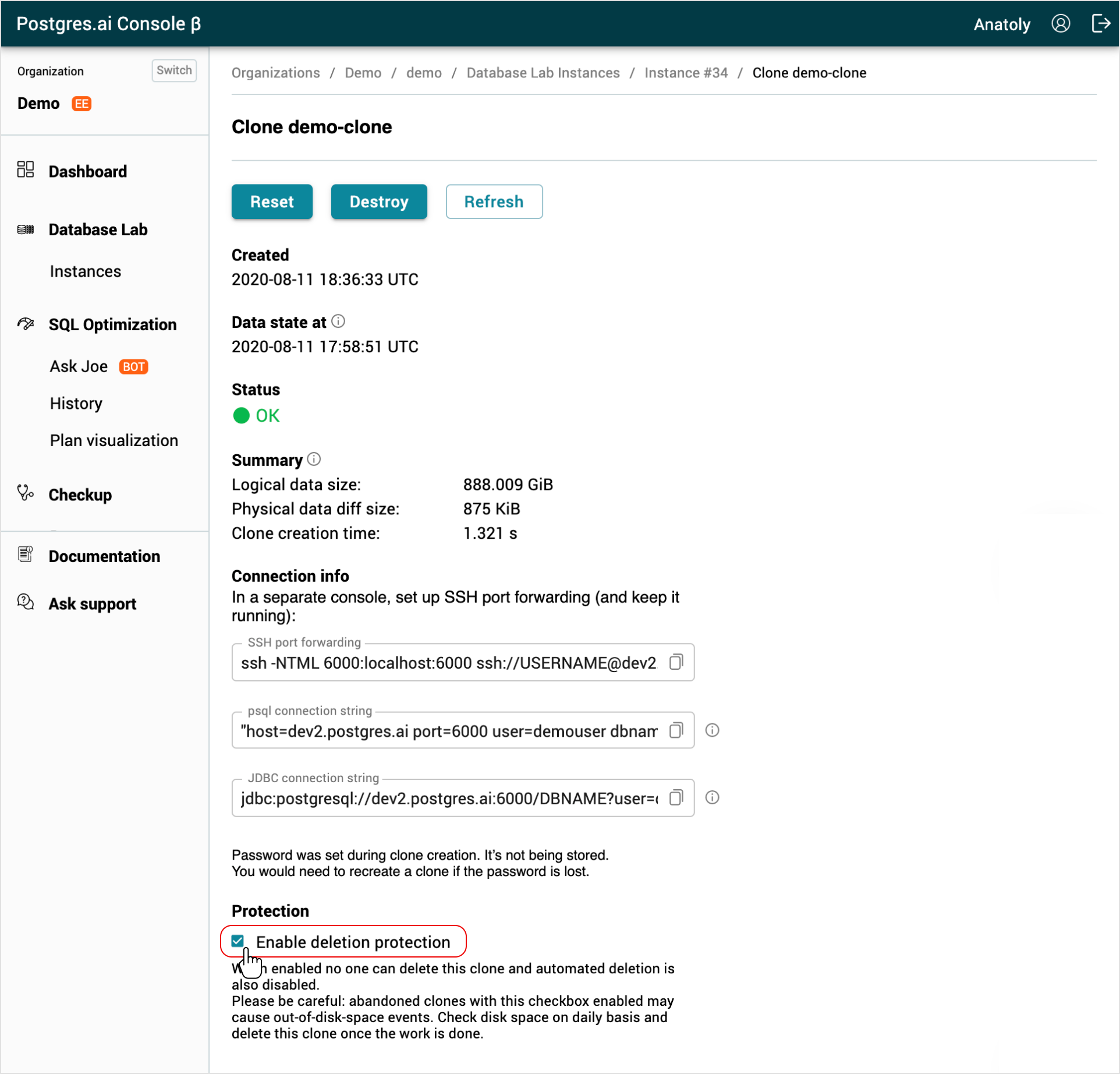 DBLab Engine page / Create clone