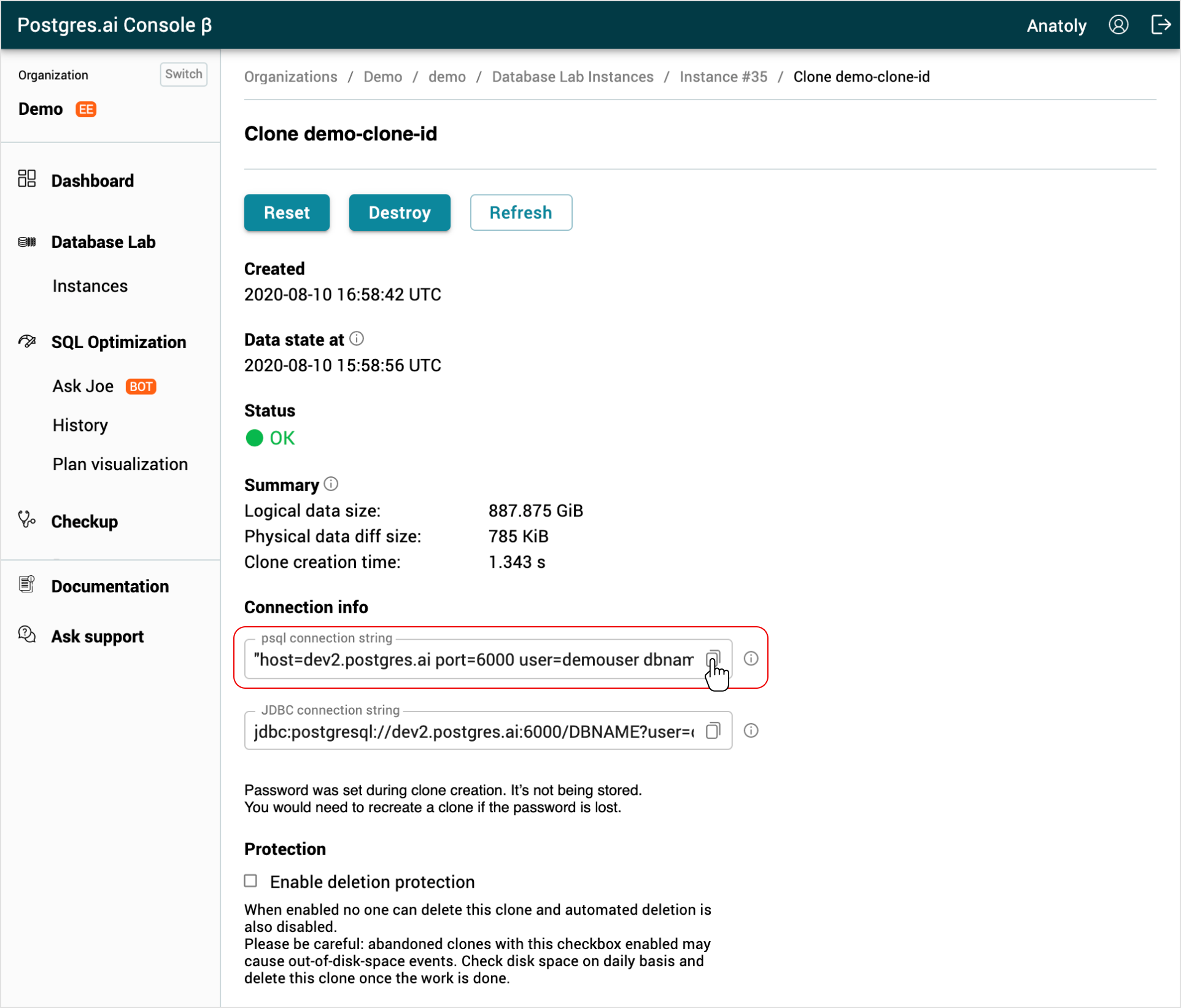 DBLab clone page / psql connection string
