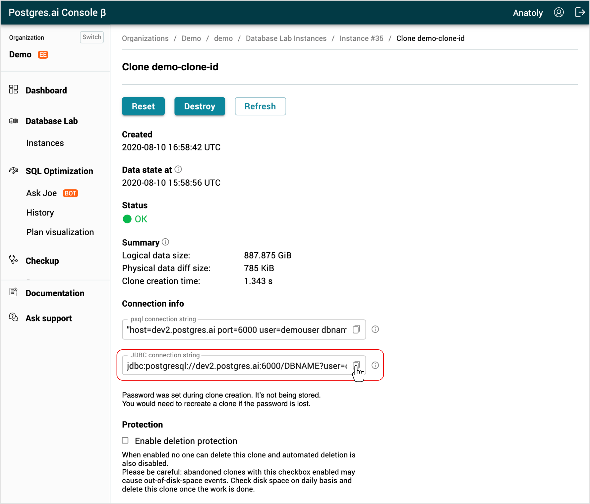 Database Lab clone page / JDBC connection string
