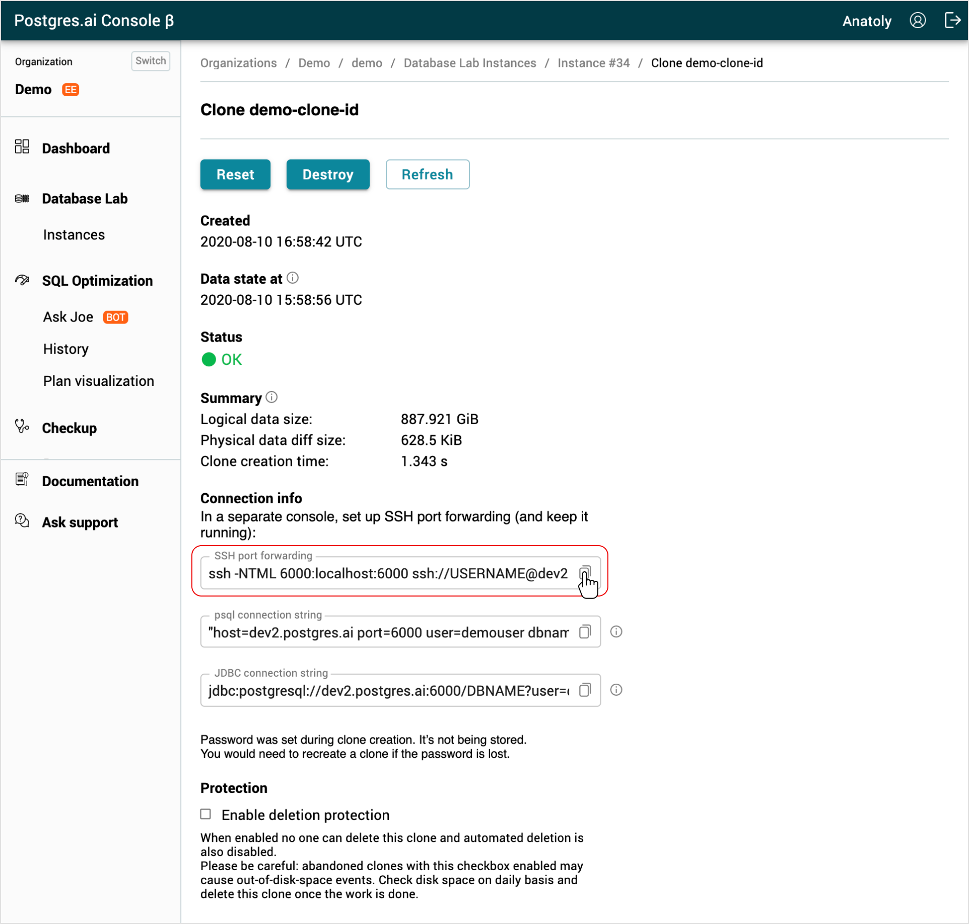 Database Lab clone page / SSH port forward