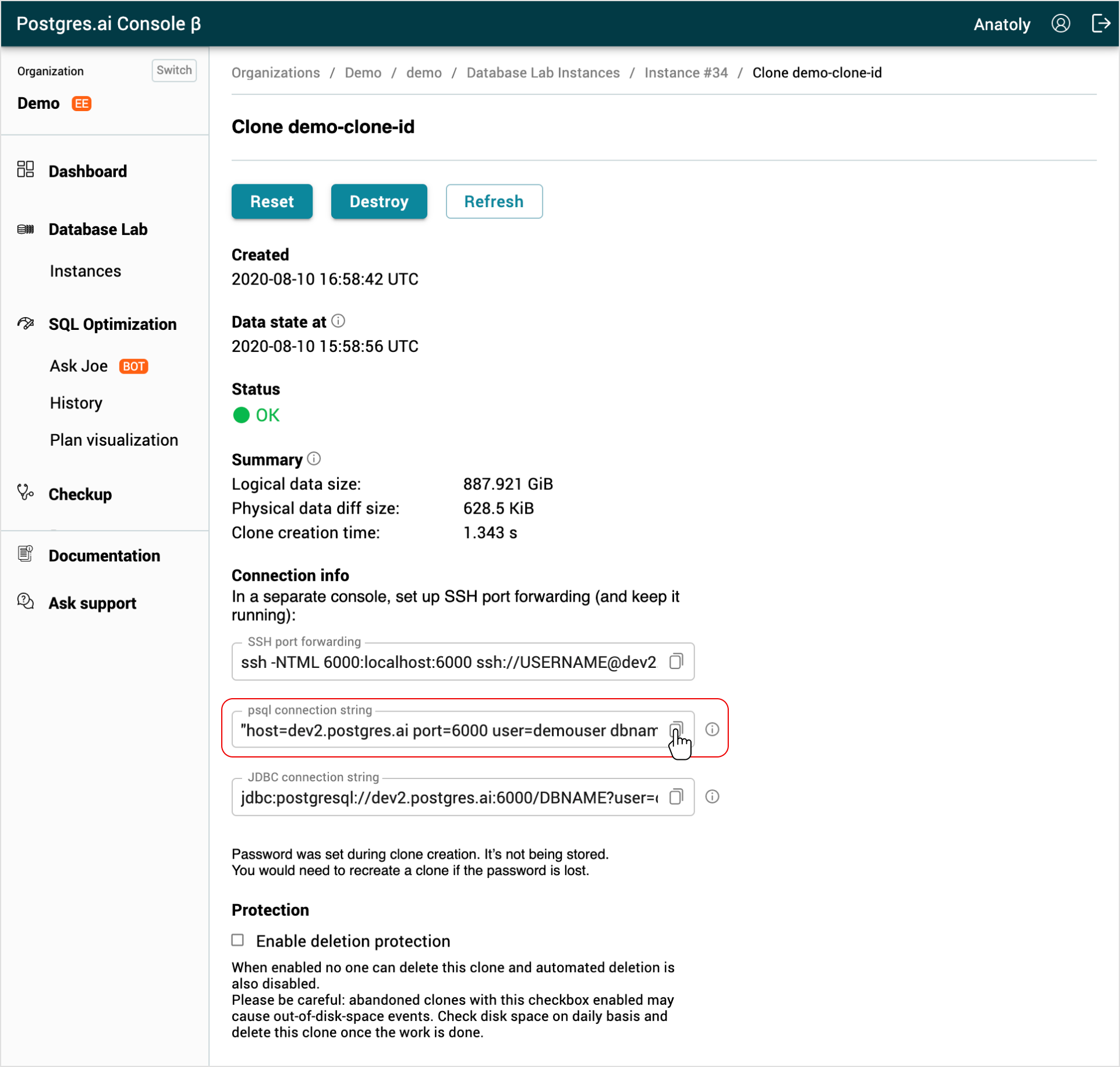 Database Lab clone page / psql connection string