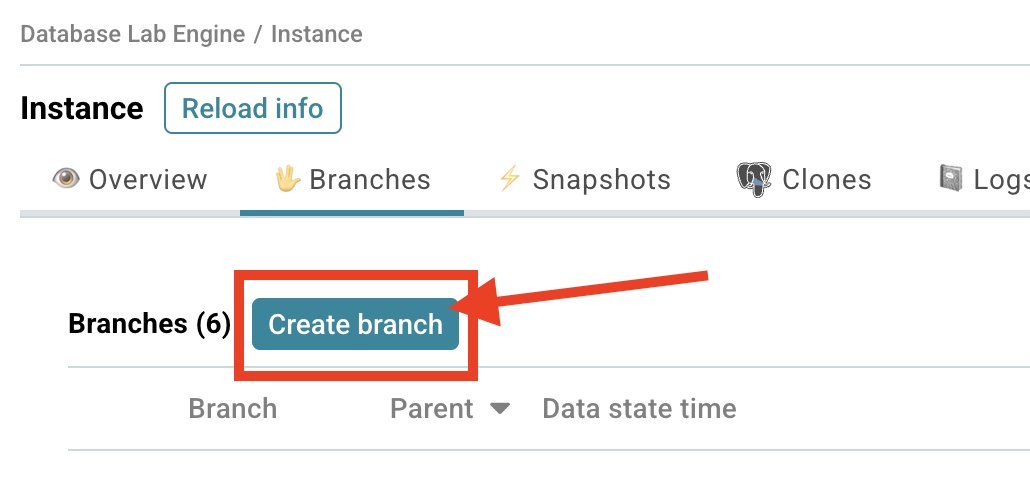Database Lab instance page / Create branch