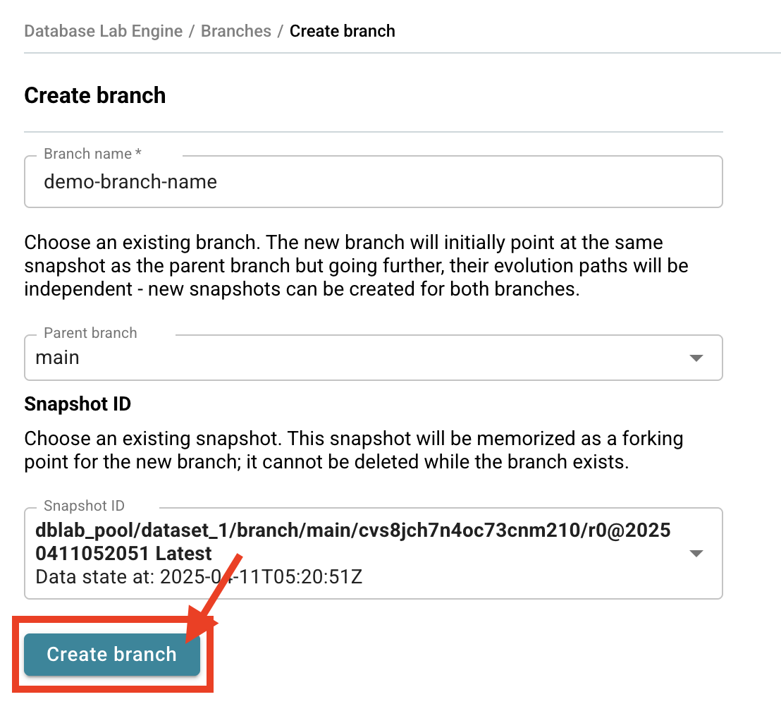 Database Lab instance page / Create branch