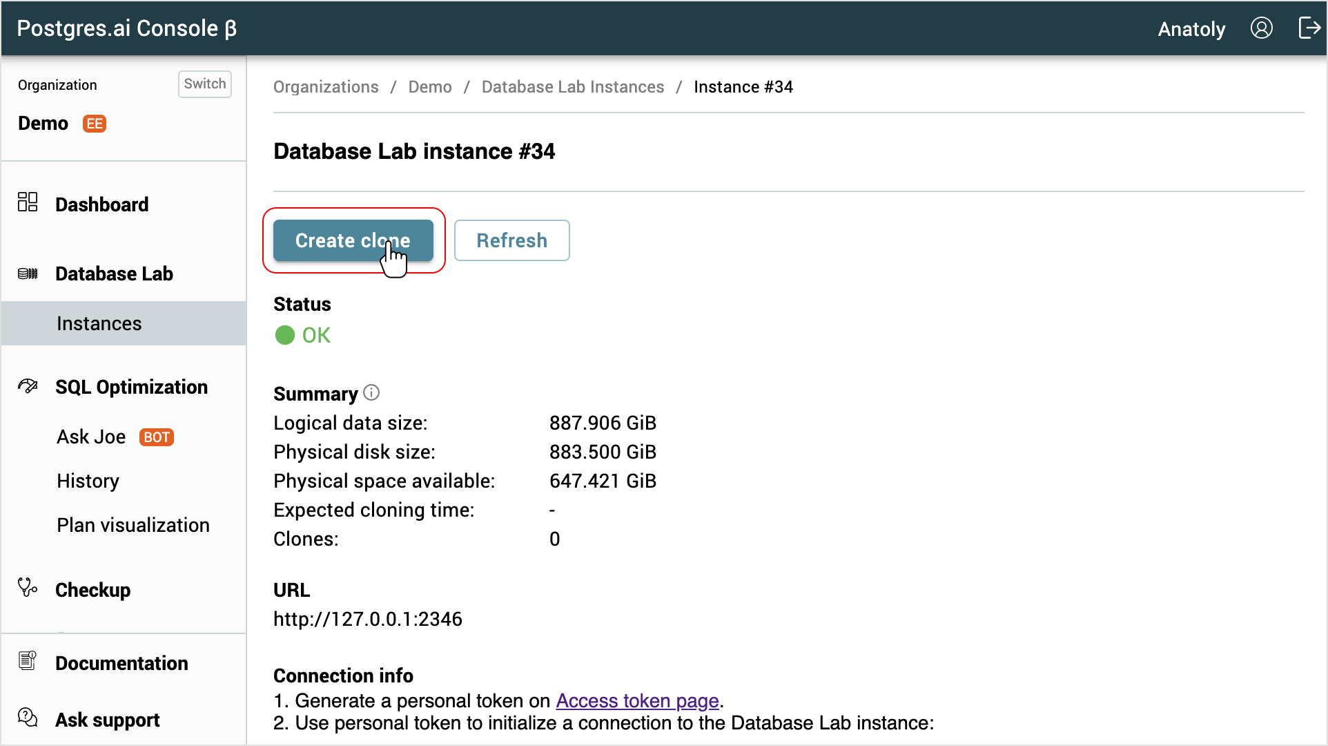 DBLab Engine page / Create clone