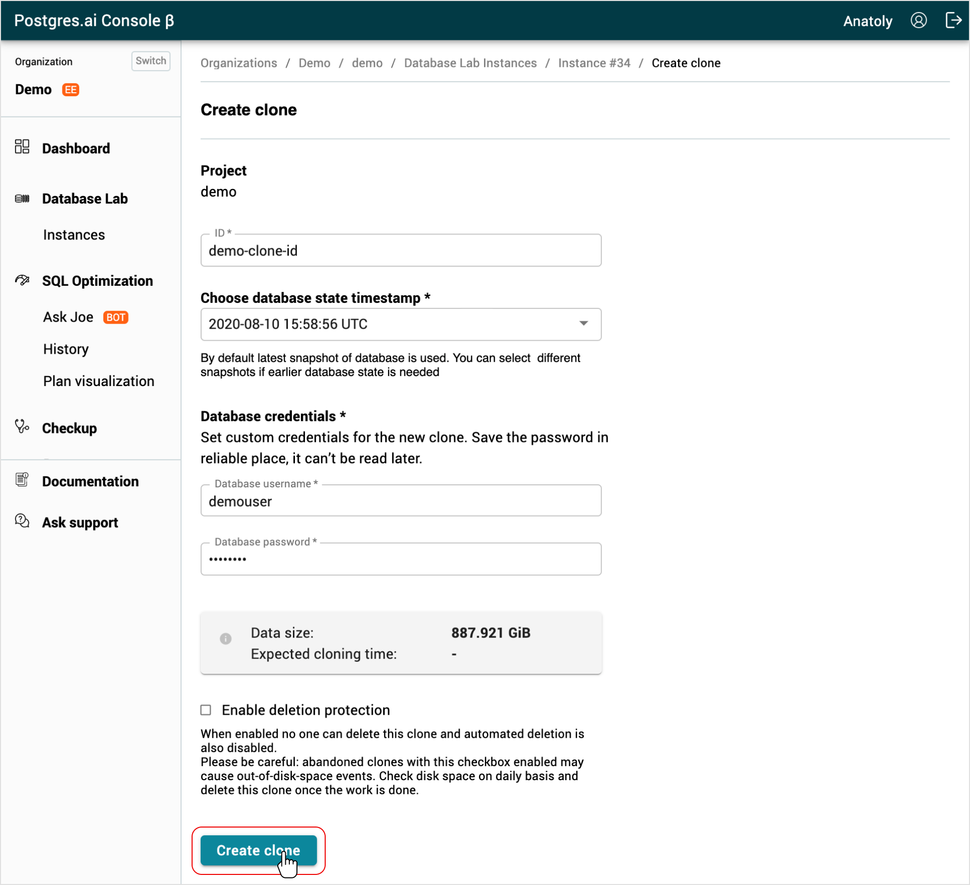 DBLab Engine clone creation page