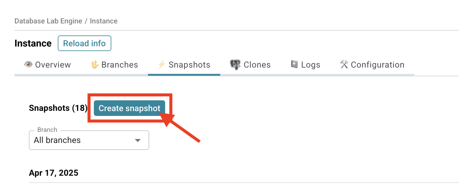 Database Lab instance page / Create snapshot