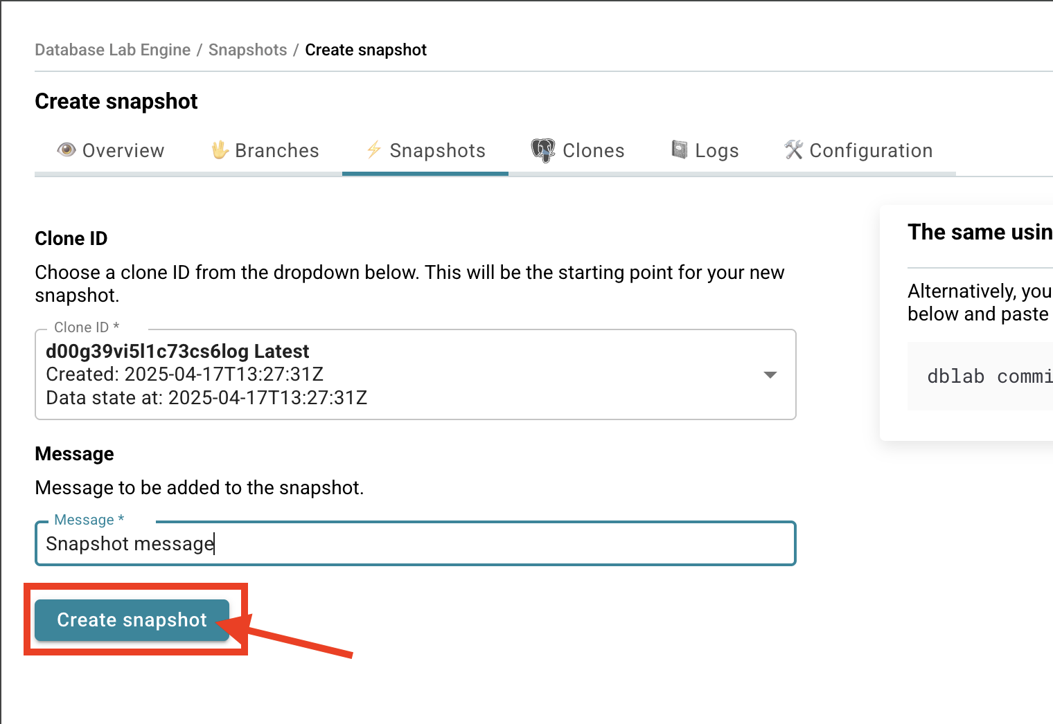 Database Lab instance page / Create snapshot