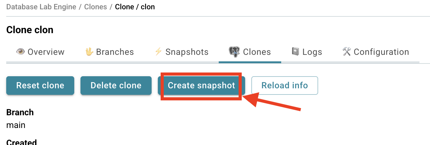 Database Lab instance page / Create snapshot
