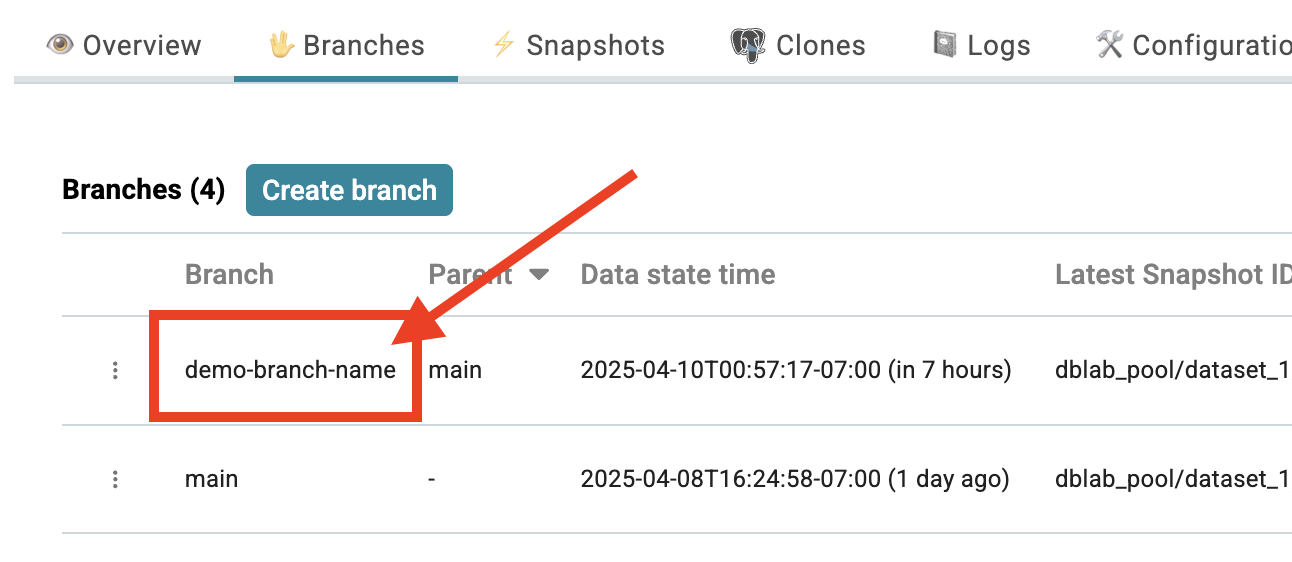 Database Lab instance page / Delete branch
