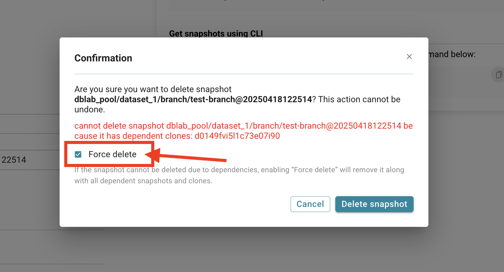 Database Lab instance page / Delete snapshot