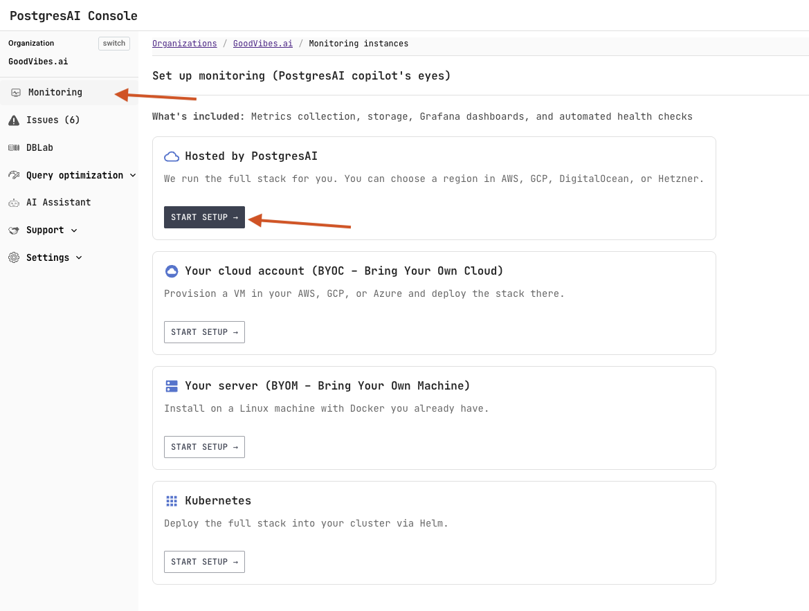 PostgresAI Console: Monitoring instances page with the Monitoring menu item and the Start setup button highlighted