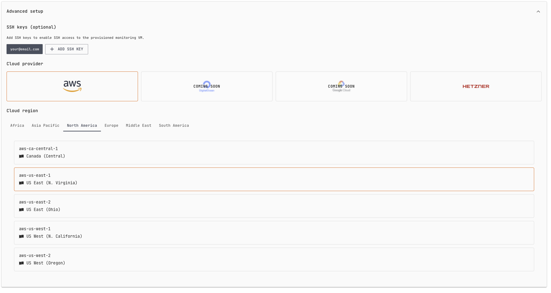 PostgresAI Console: Advanced setup section with SSH keys, cloud provider selection, and cloud region selection