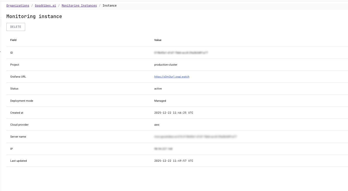 PostgresAI Console: Monitoring instance details page with Grafana URL and status
