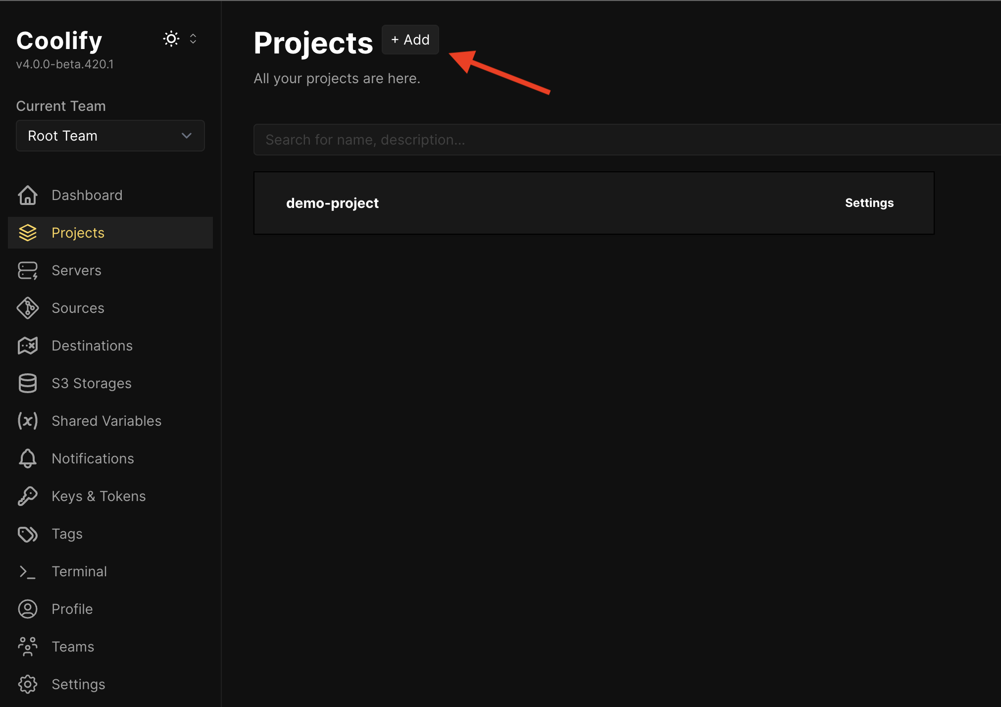 Coolify projects page