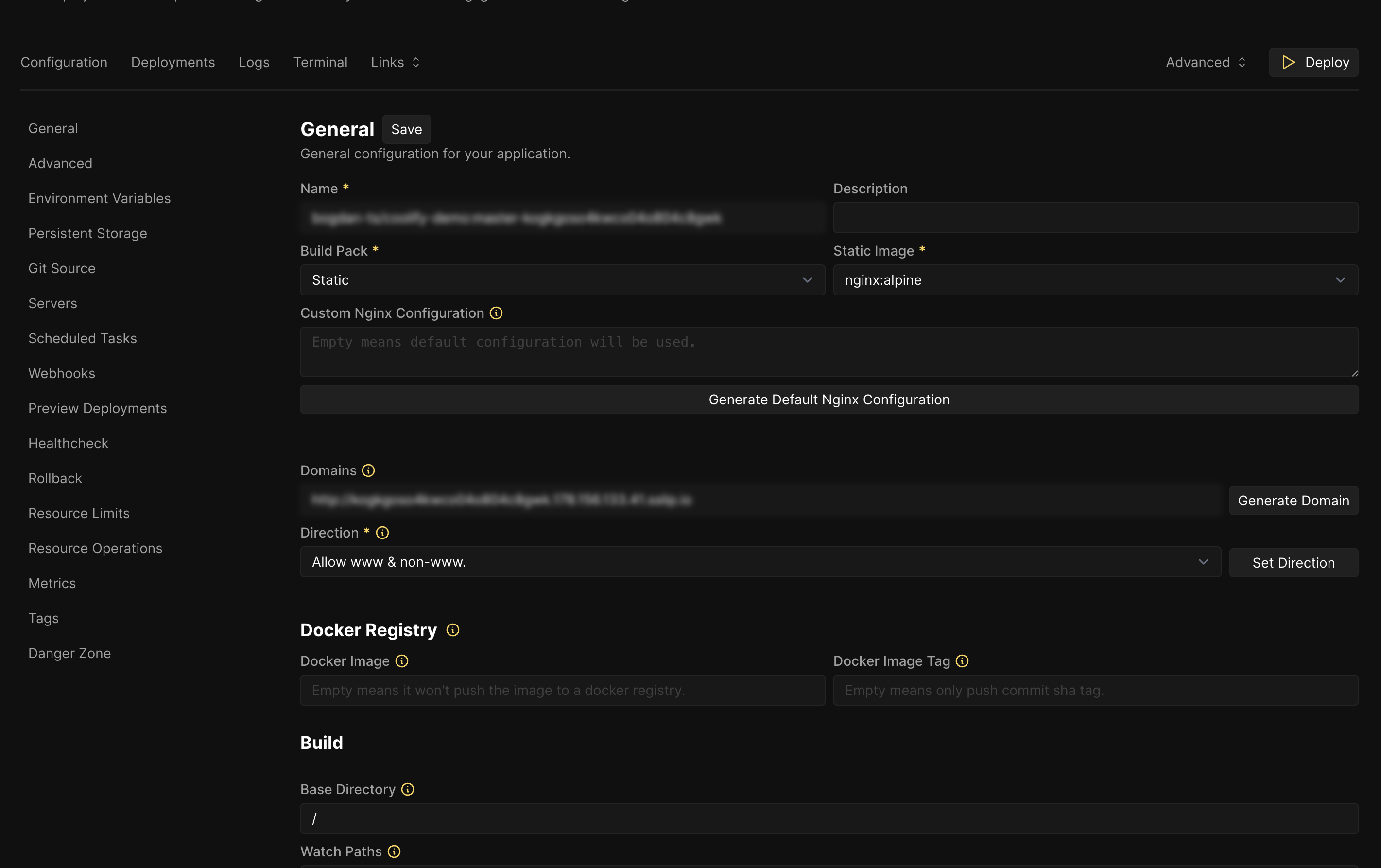 Coolify application creation page