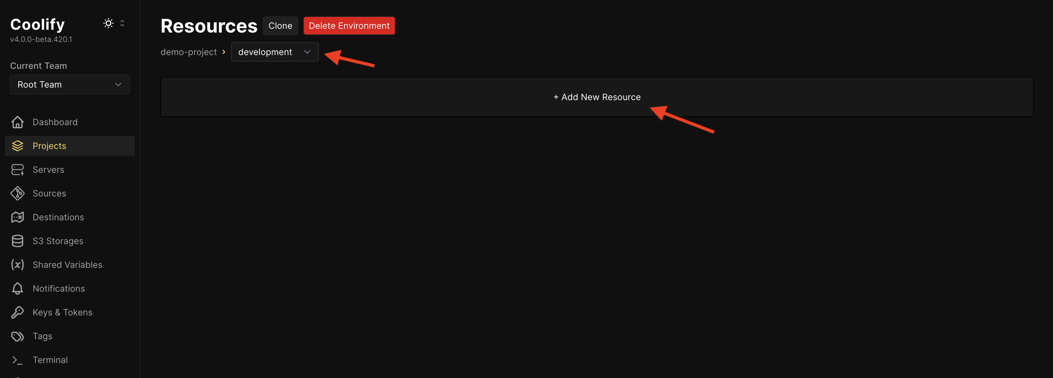 Coolify environment creation page
