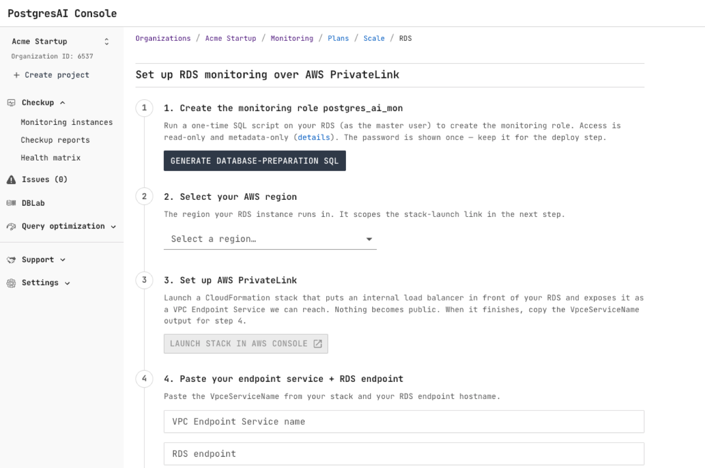 Set up RDS monitoring over AWS PrivateLink: the in-console wizard