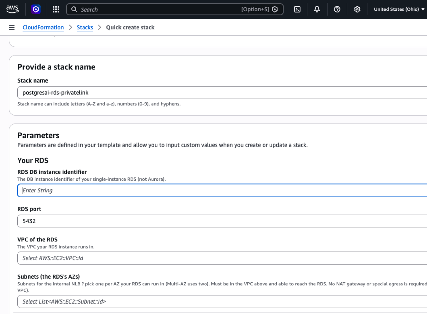 AWS CloudFormation Quick create stack: the Your RDS parameters