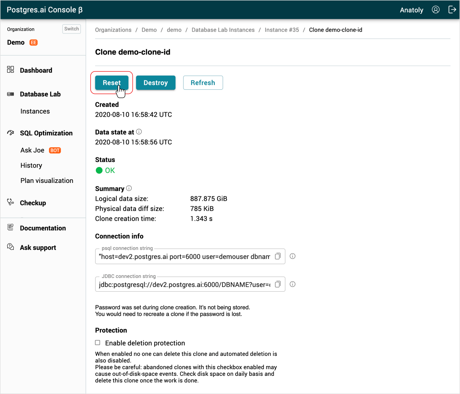 DBLab Engine page / Create clone