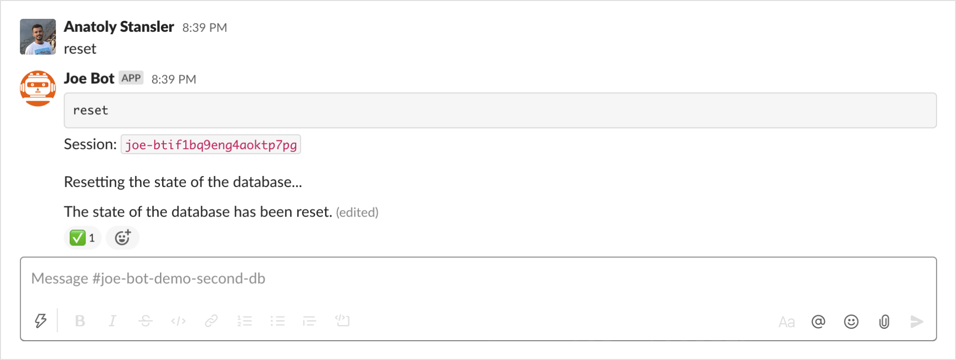 Joe bot / Reset the state / Slack