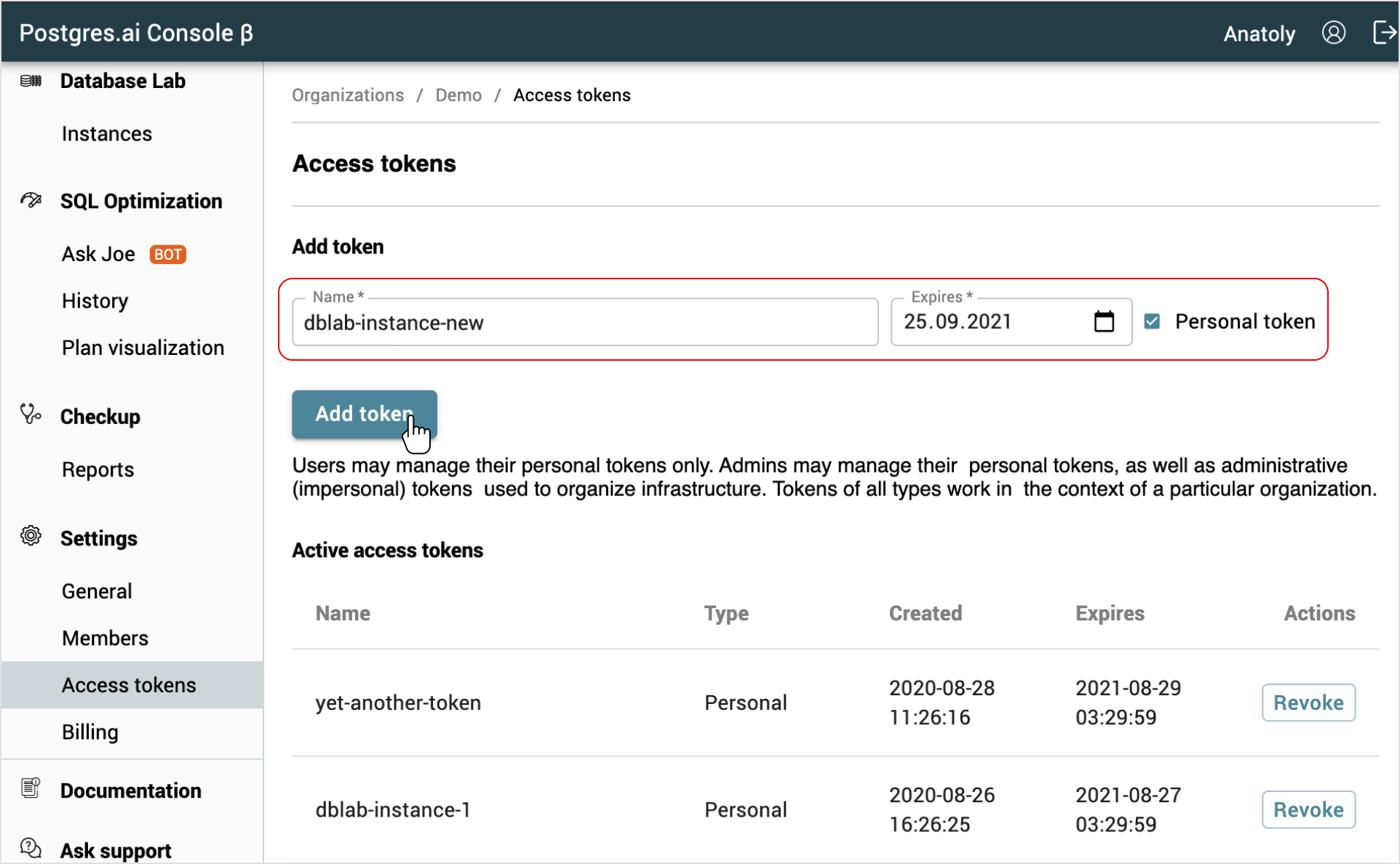 Access tokens page / Add token