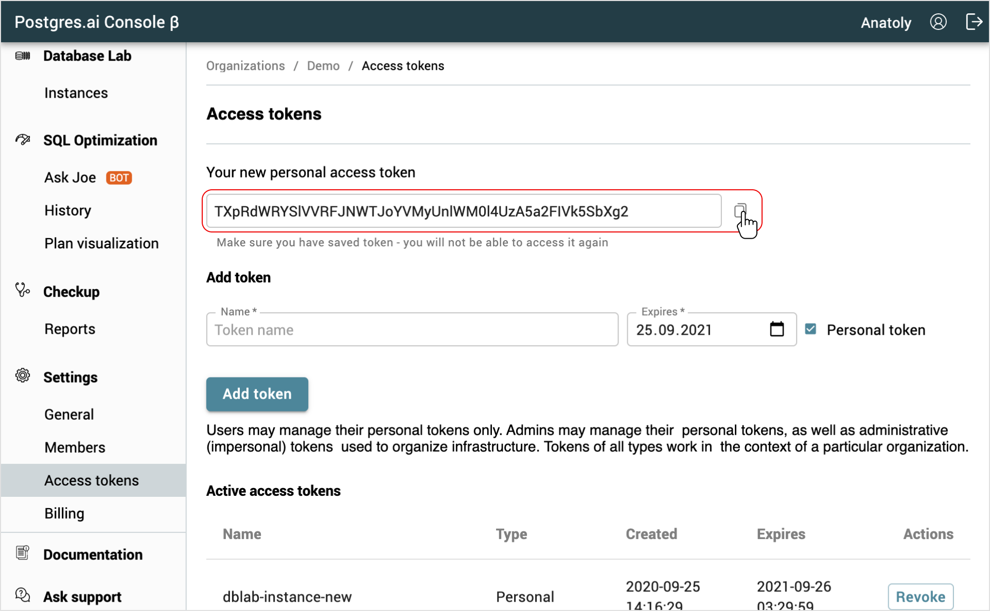 Access tokens page / Copy token