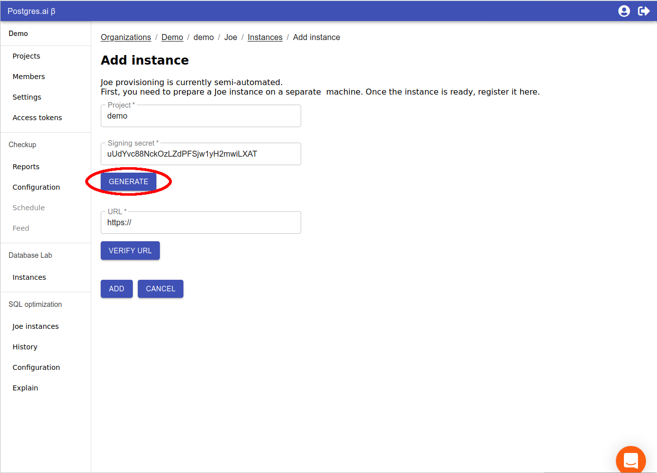 WebUI - Generate a signing token